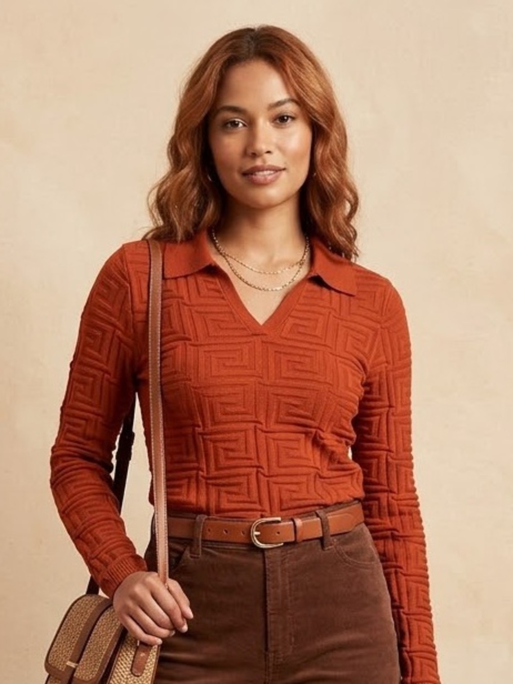 Jolie & Joy Terracotta Rust Textured Geometric Polo Knit Sweater